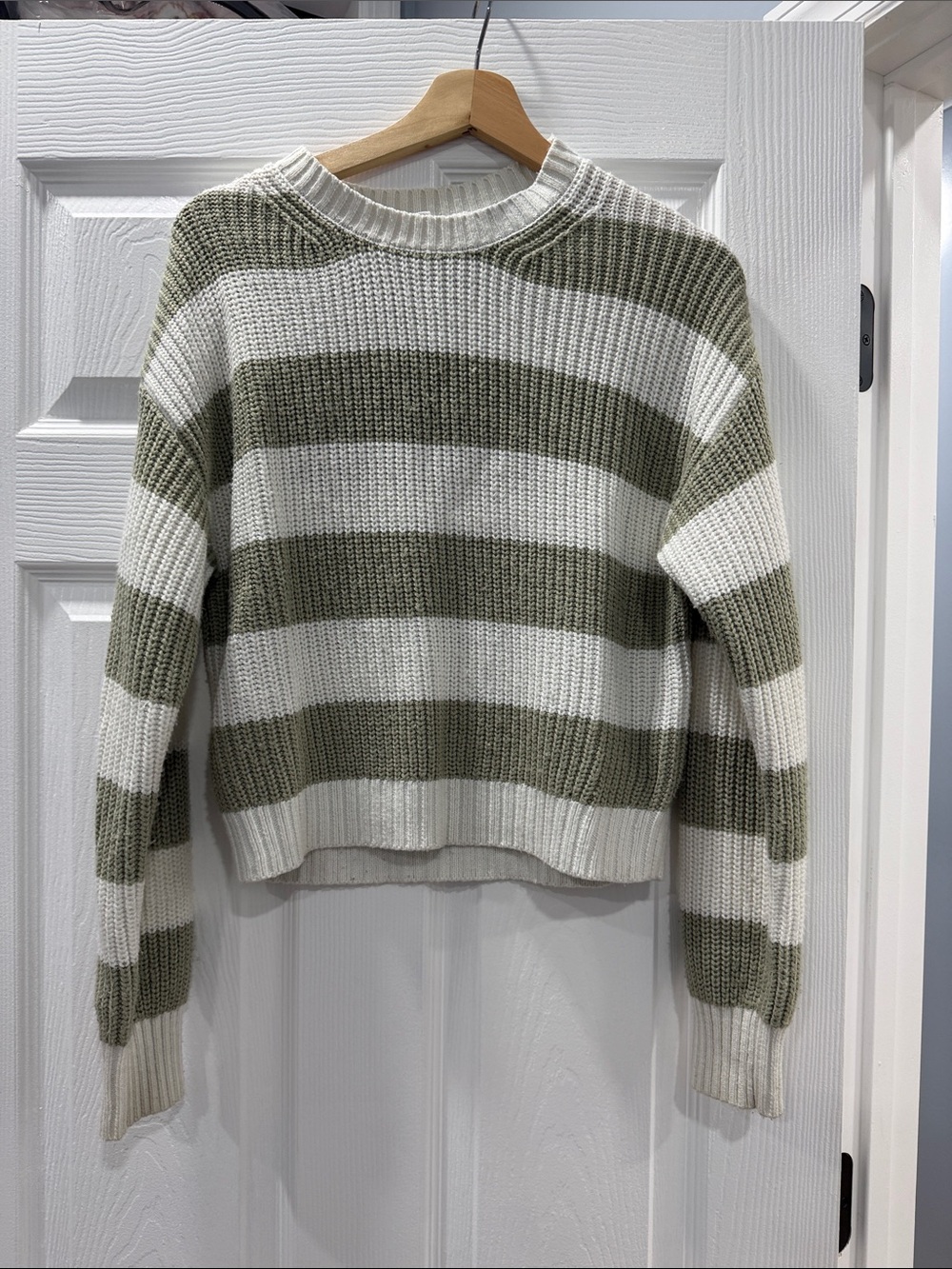 Garage Olive and Cream Striped Crew Neck Sweater